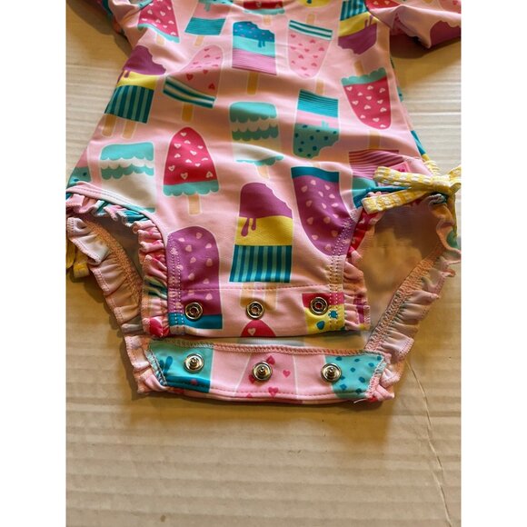 Ruffle Butts Baby Girls UPF 50+ Pink Ice Cream Print Long Sleeve Swimsuit - Picture 8 of 12